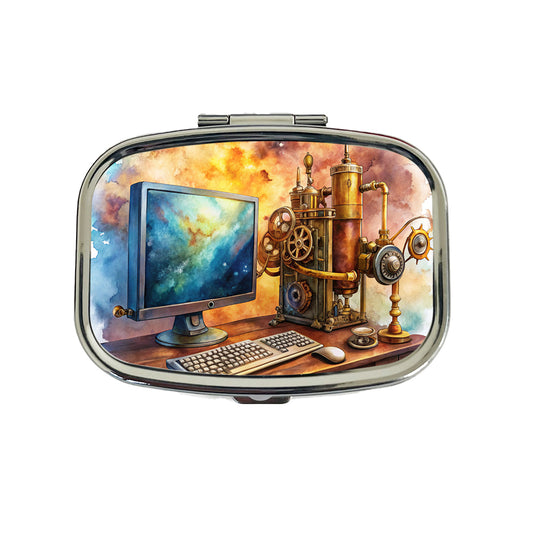 Steampunk Desktop PC Computer Fantasy Sci-fi Watercolor Travel Pill Box Case