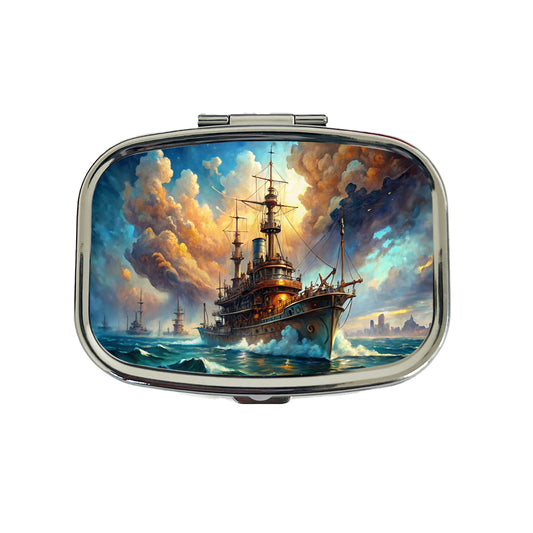 Steampunk Iron Warship Fantasy Sci-fi Watercolor Travel Pill Box Case