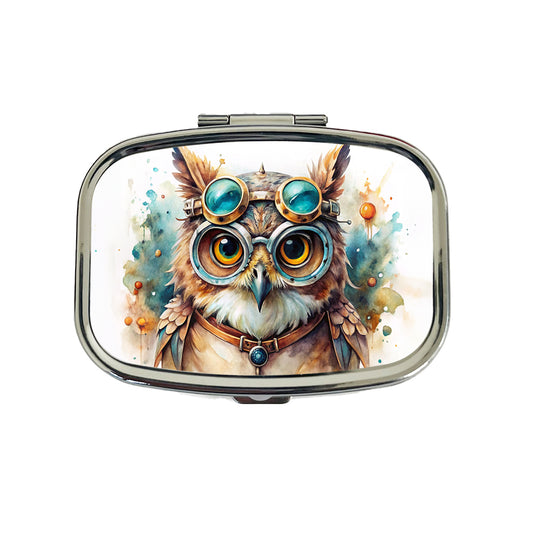Steampunk Owl With Goggles Fantasy Sci-fi Watercolor Travel Pill Box Case