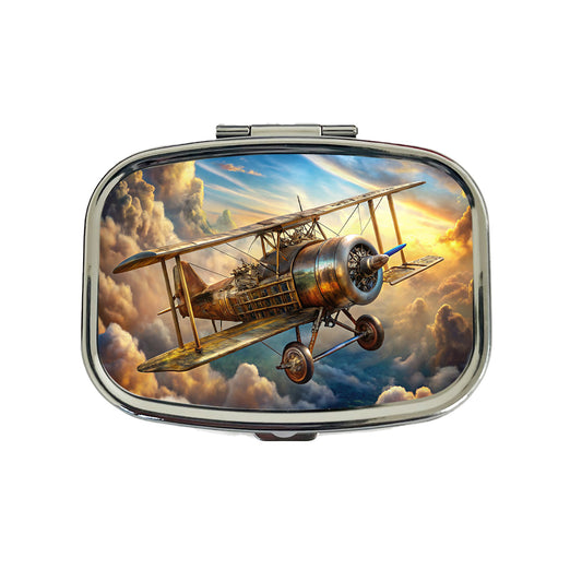 Steampunk Plane Airship in Cloudy Sky Fantasy Sci-fi Travel Pill Box Case