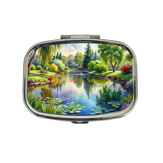 Tranquil Pond Scene Watercolor Travel Pill Box Case