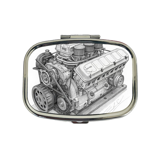 V8 Car Engine Sketch Travel Pill Box Case