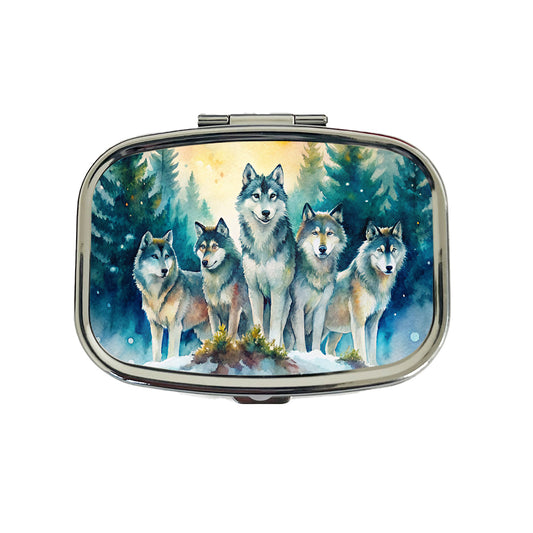 Wolfpack Snowy Forest Wolf Scene Watercolor Travel Pill Box Case