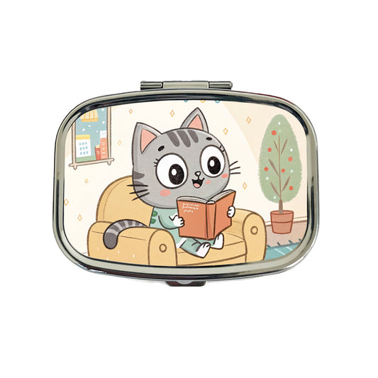 Kawaii Cat Reading Book On Couch Reader Travel Pill Box Case