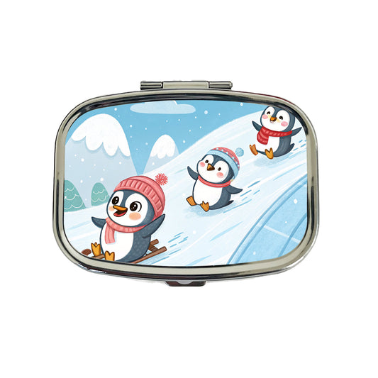 Kawaii Penguins Sledding Snow Travel Pill Box Case