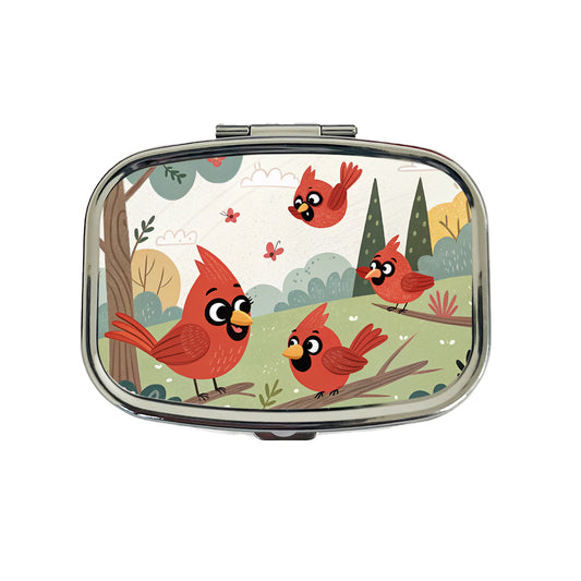 Kawaii Red Cardinals Birds Travel Pill Box Case