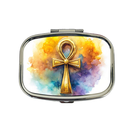 Ancient Egyptian Gold Ankh Watercolor Travel Pill Box Case
