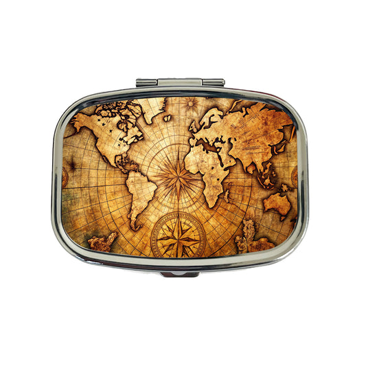 Ancient World Map with Compass Rose Travel Pill Box Case