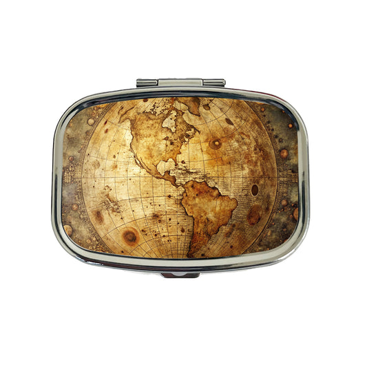 Ancient Worn Map the Earth Globe and Planets Travel Pill Box Case