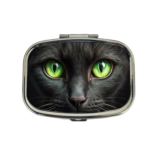 Black Cat with Green Eyes Travel Pill Box Case