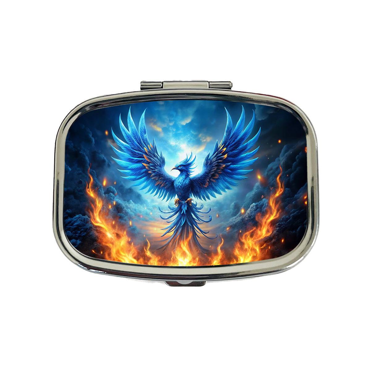 Blue Flaming Phoenix Rising From Ashes Fantasy Bird Travel Pill Box Case