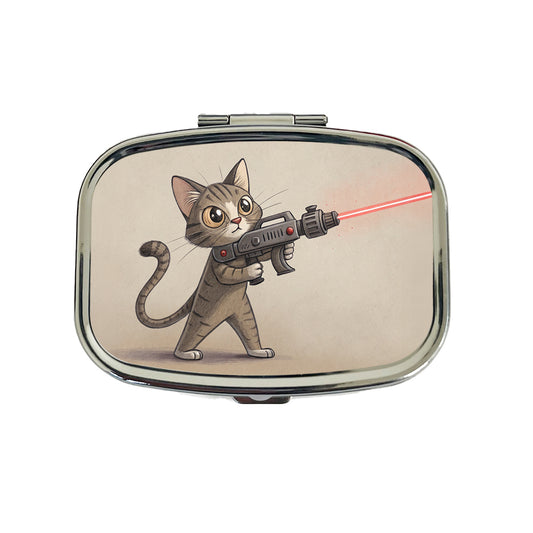 Cat With Laser Gun Sci-fi Cartoon Travel Pill Box Case