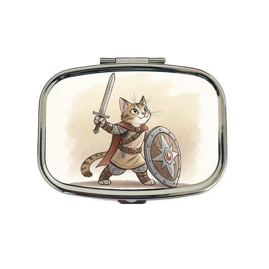 Cat With Sword And Shield Fantasy Medieval Cartoon Travel Pill Box Case