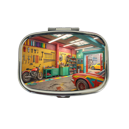 Colorful Mechanic's Garage Travel Pill Box Case
