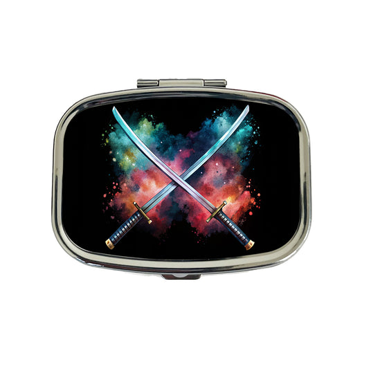 Crossed Katana Samurai Ninja Swords Black Watercolor Travel Pill Box Case