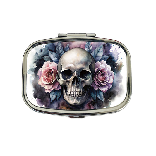 Death Skull Roses Black Watercolor Travel Pill Box Case