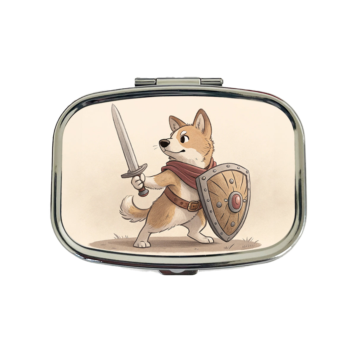 Dog With Sword And Shield Fantasy Medieval Cartoon Travel Pill Box Case