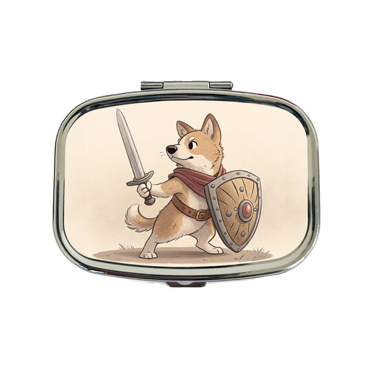 Dog With Sword And Shield Fantasy Medieval Cartoon Travel Pill Box Case