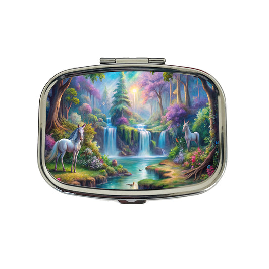 Fantasy Forest Waterfalls and White Horses Watercolor Travel Pill Box Case