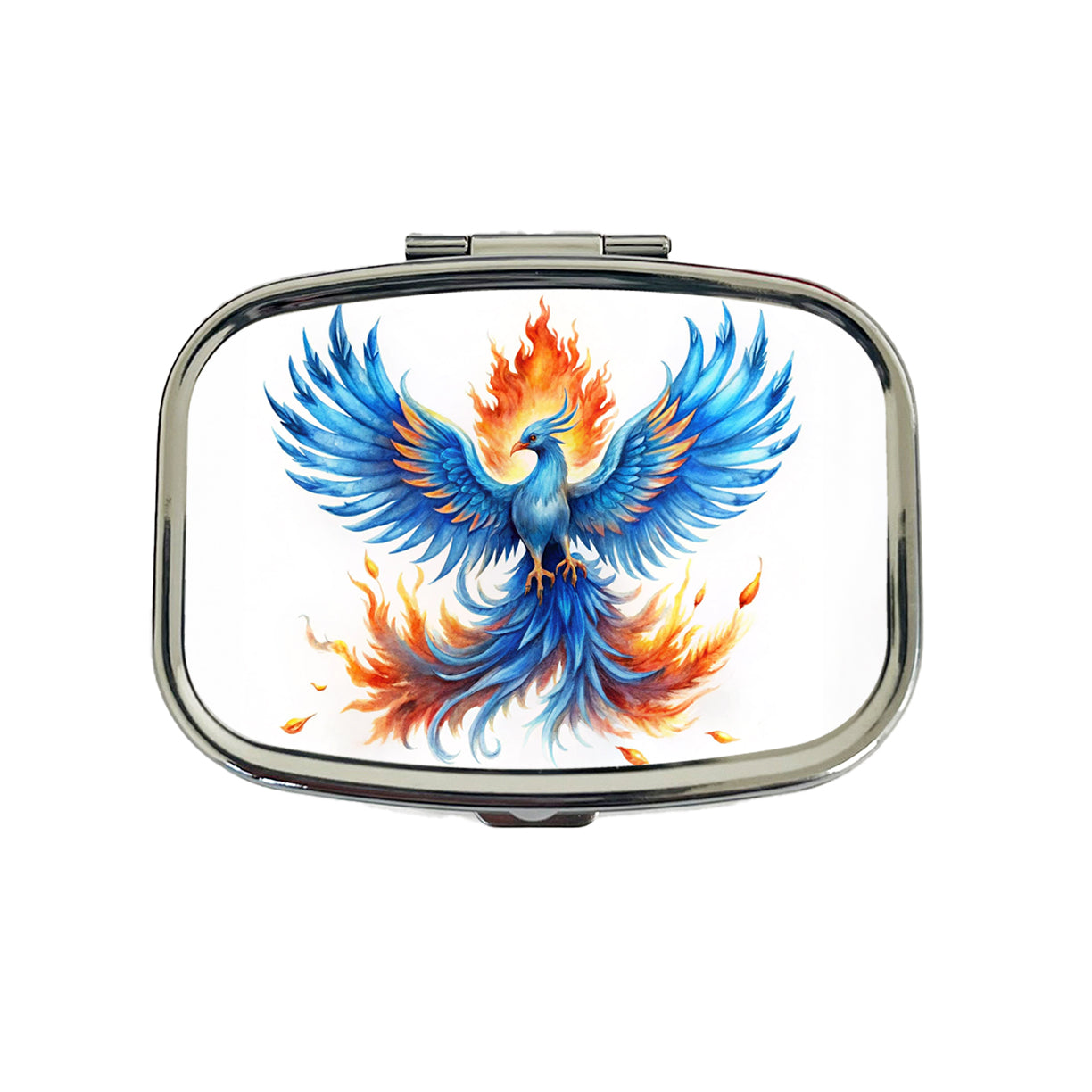 Flaming Blue Phoenix Rising Fantasy Watercolor Travel Pill Box Case