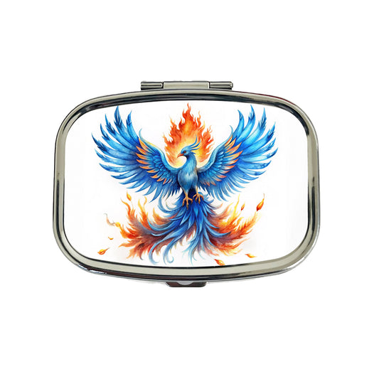 Flaming Blue Phoenix Rising Fantasy Watercolor Travel Pill Box Case