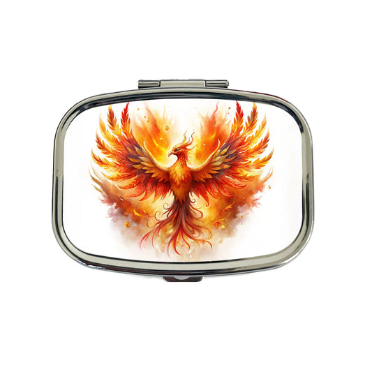 Flaming Phoenix Rising Fantasy Watercolor Travel Pill Box Case