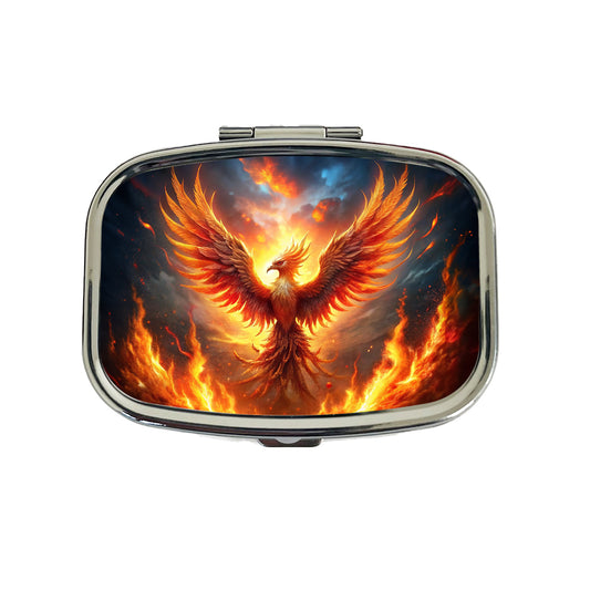 Flaming Phoenix Rising From Ashes Fantasy Bird Travel Pill Box Case
