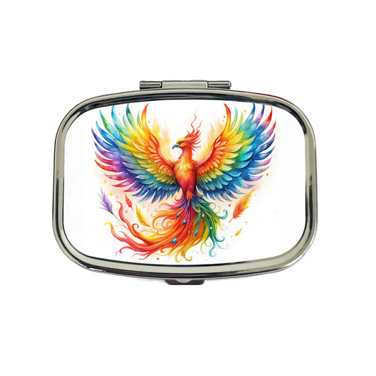 Flaming Rainbow Phoenix Rising Fantasy Watercolor Travel Pill Box Case