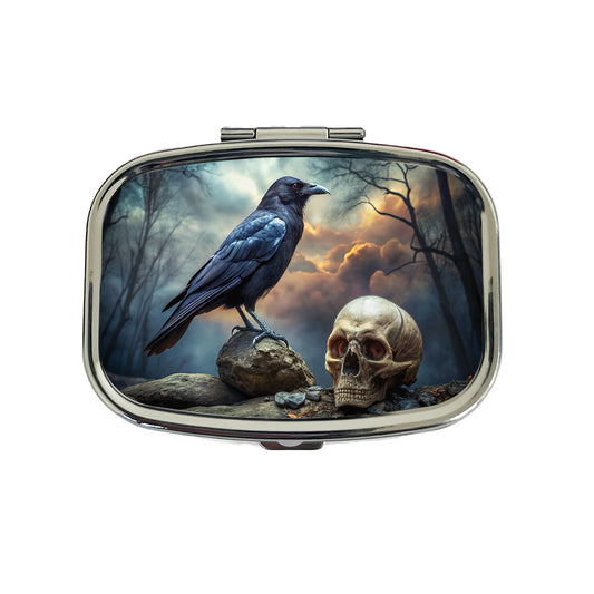 Gothic Raven Death Skull Halloween Travel Pill Box Case