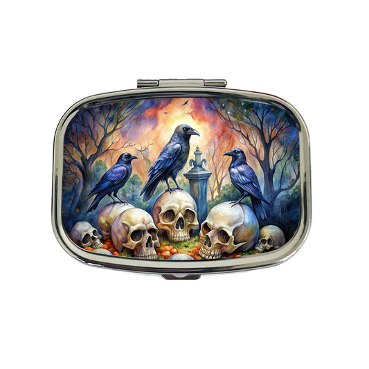 Gothic Raven Death Skulls Watercolor Travel Pill Box Case