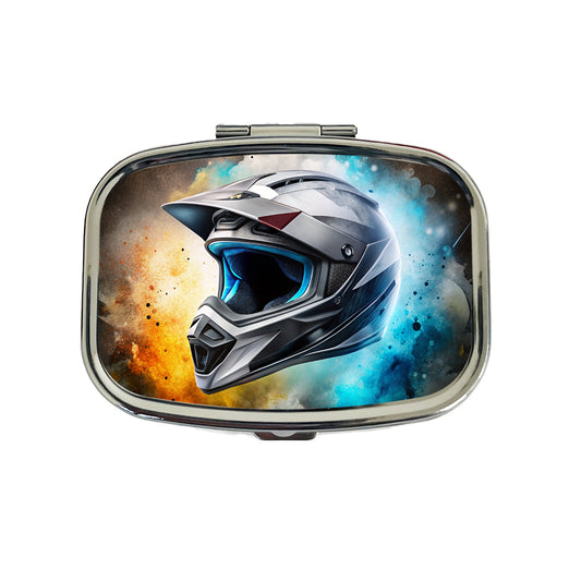 Motocross Racing Bike Helmet Black Watercolor Travel Pill Box Case