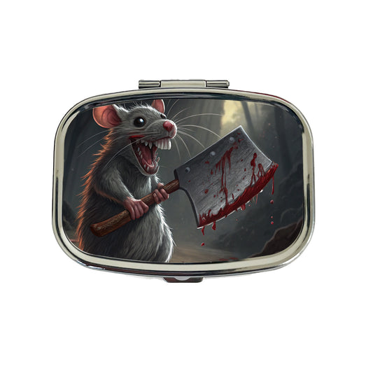 Mouse Holding A Bloody Meat Cleaver Halloween Scary Travel Pill Box Case