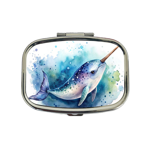 Narwhal Swimming Unicorn of the Sea Watercolor Travel Pill Box Case