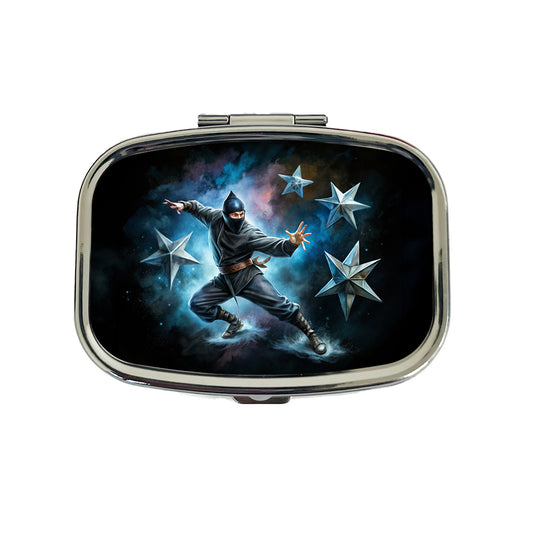 Ninja Warrior Throwing Stars Black Watercolor Travel Pill Box Case