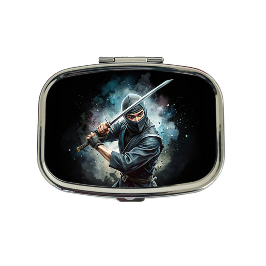 Ninja With Katana Black Watercolor Travel Pill Box Case