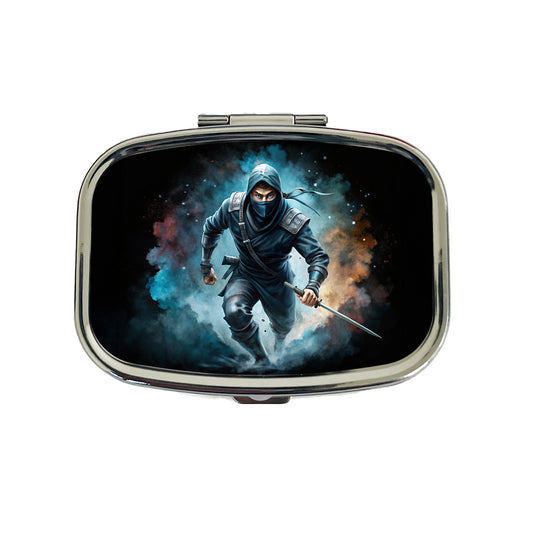 Ninja with Katana Running Black Watercolor Travel Pill Box Case