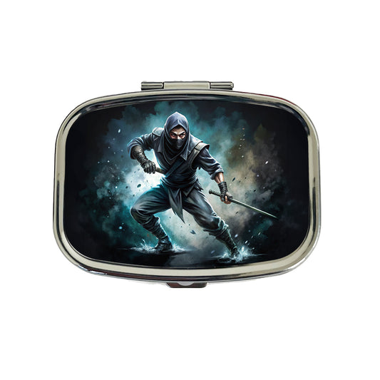 Ninja with Katana Sword Black Watercolor Travel Pill Box Case
