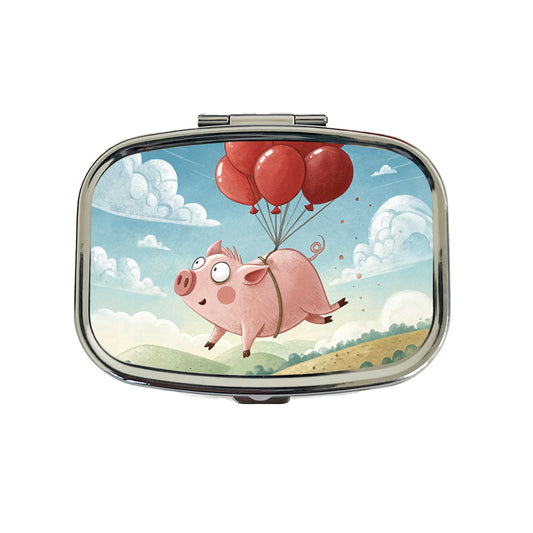 Pig Floating Through Sky Hanging From Red Balloons Travel Pill Box Case