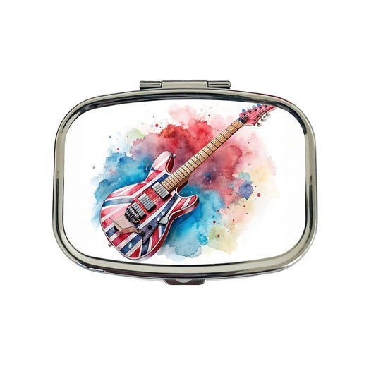 Red White Blue Rock and Roll Guitar Watercolor Travel Pill Box Case