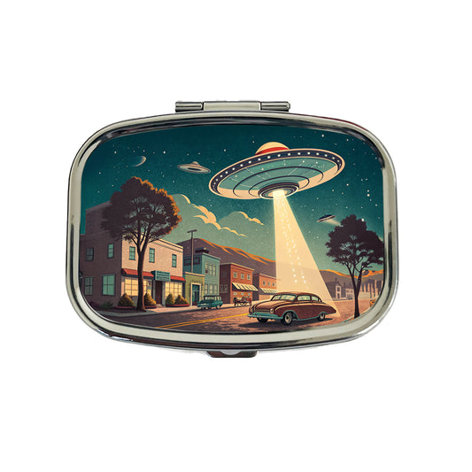 Retro Sci-fi 50's Poster Art Flying Saucer Travel Pill Box Case