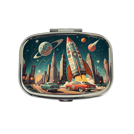 Retro Sci-fi 60's Poster Art Rocket Travel Pill Box Case