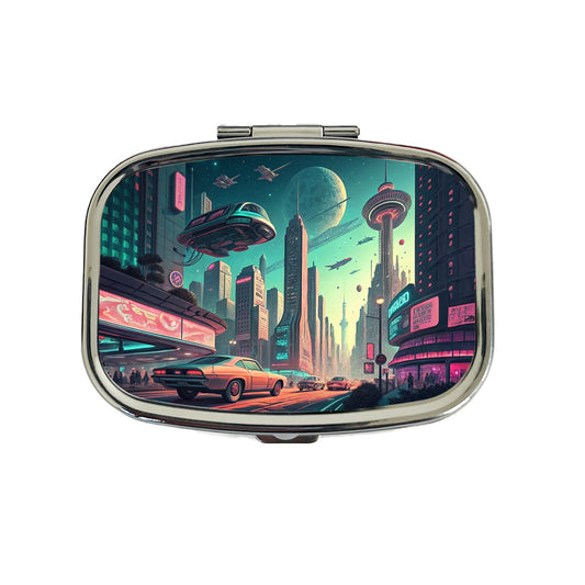Retro Sci-fi Poster Art Futuristic City Scene Travel Pill Box Case