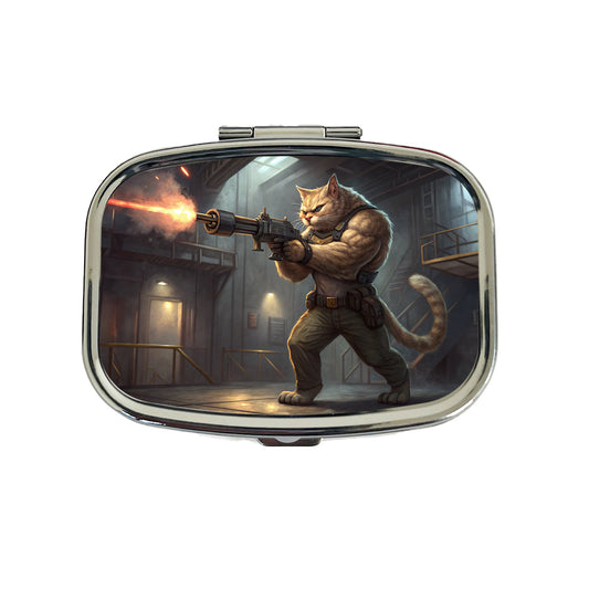 Sci-fi Action Hero Cat Shooting A Machine Gun Travel Pill Box Case
