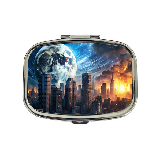 Sci-fi Apocalypse Cityscape City At Night Under a Large Full Moon Travel Pill Box Case