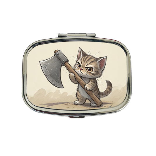 Small Cat Kitten Wielding a Large Axe Funny Fantasy Travel Pill Box Case