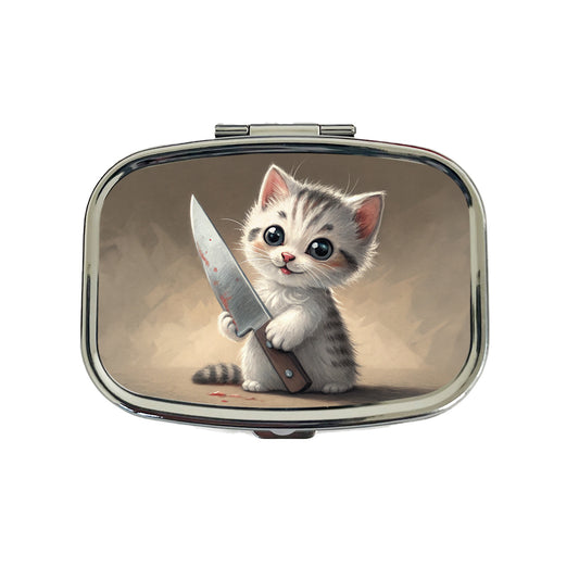 Small Cute Cat Kitten with a Butcher Knife Funny Travel Pill Box Case