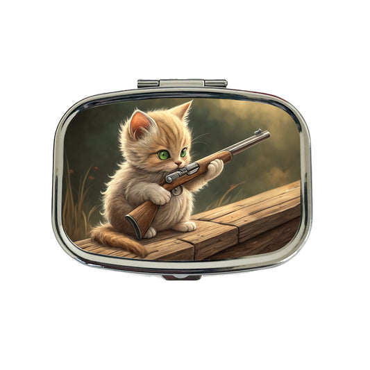 Small Cute Fuzzy Cat Kitten with a Shotgun Funny Travel Pill Box Case