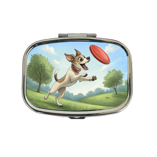 Small Dog Catching a Flying Disc Travel Pill Box Case