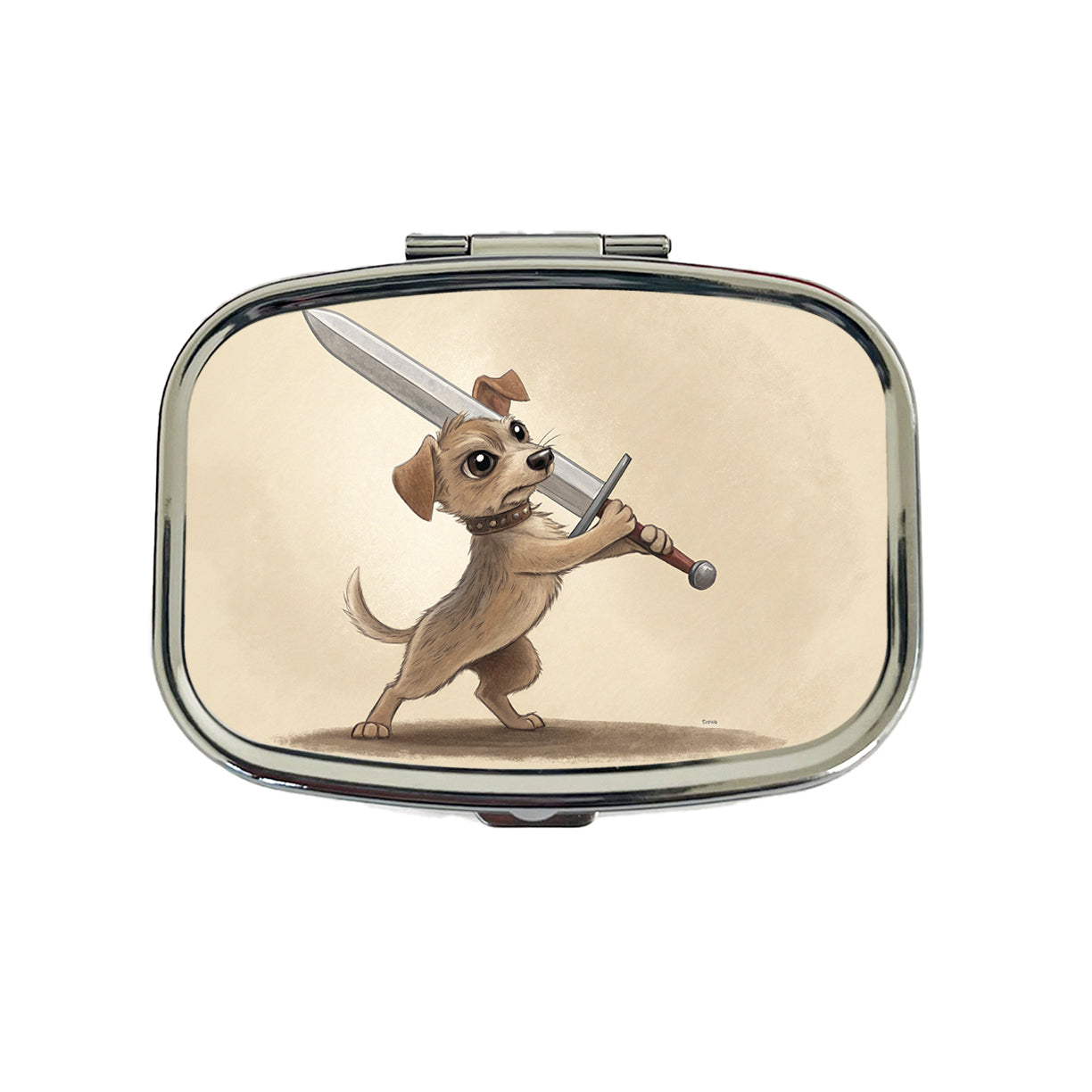 Small Dog Wielding a Large Sword Funny Fantasy Travel Pill Box Case