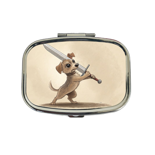 Small Dog Wielding a Large Sword Funny Fantasy Travel Pill Box Case
